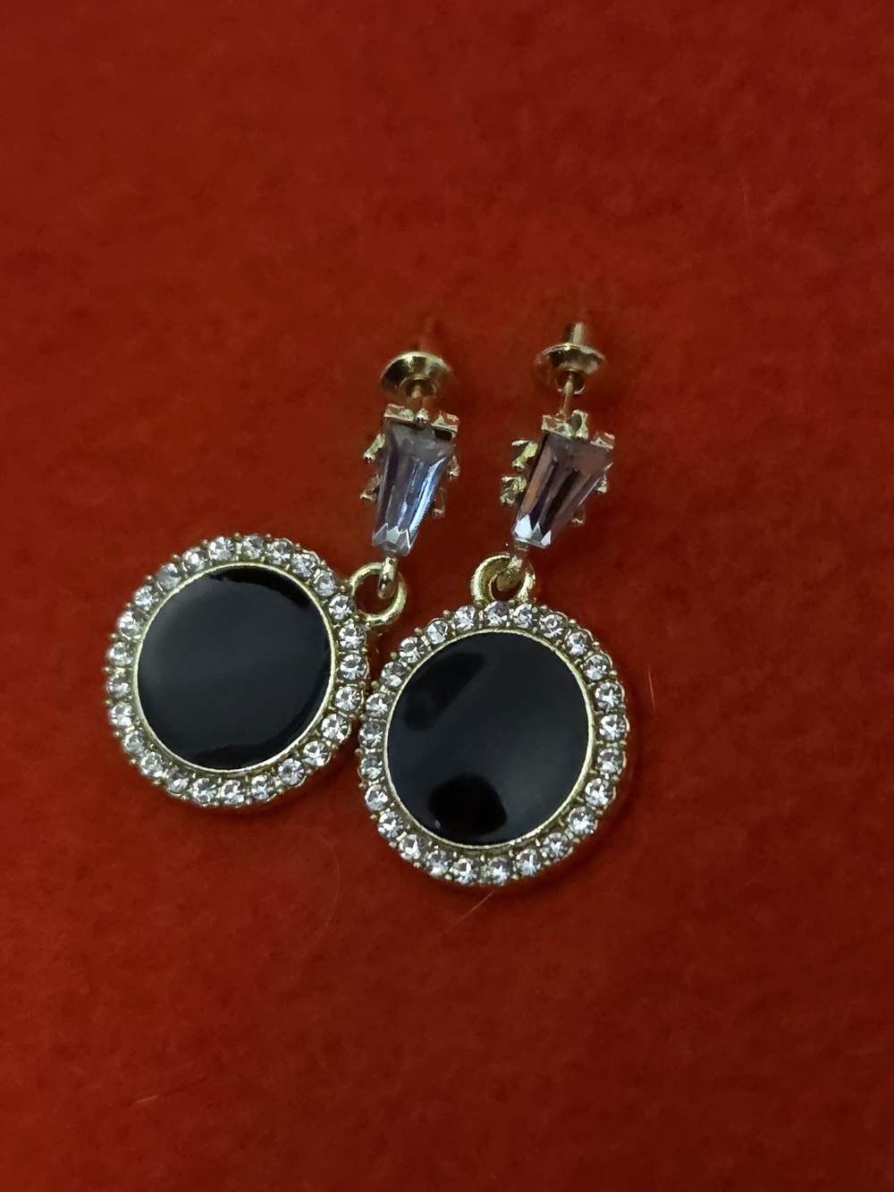 Gold-Plate Black Stone Drop Earrings with Clear Crystal Halo - Women Jewelry